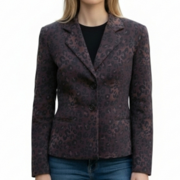 Kasper ASL Blazer Size 10 Brown Black Leopard Print Flap Front Pockets 4 Button - Picture 10 of 10